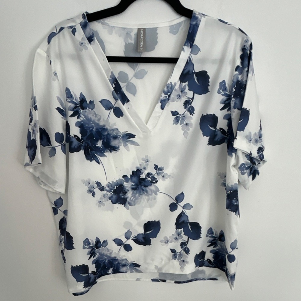 NORACORA Women's White Blue Floral V-Neck Short Sleeve Blouse‎ XL